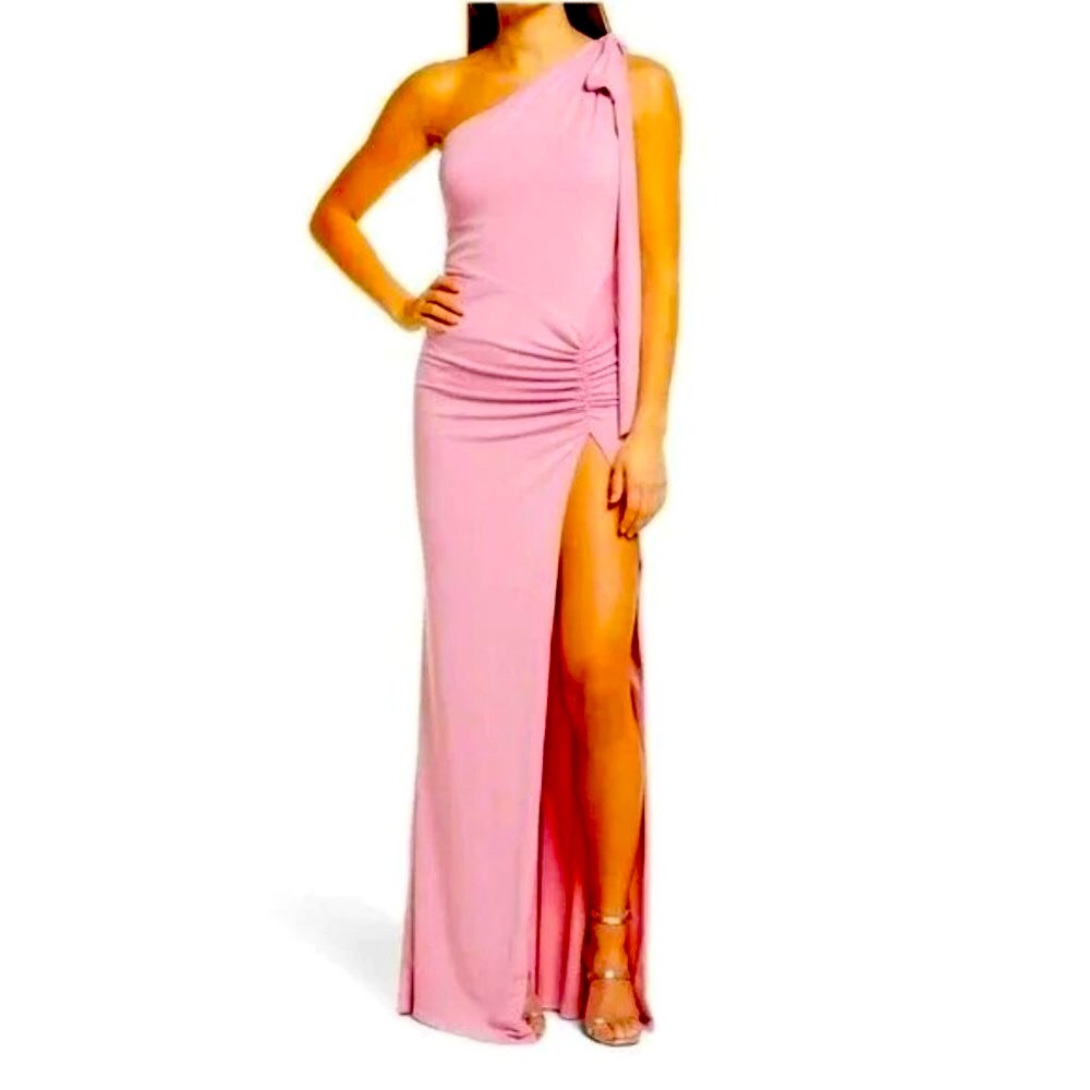 NWT KATIE MAY Raising The Bar One Shoulder Tie Neck Gown Pinky Mauve L